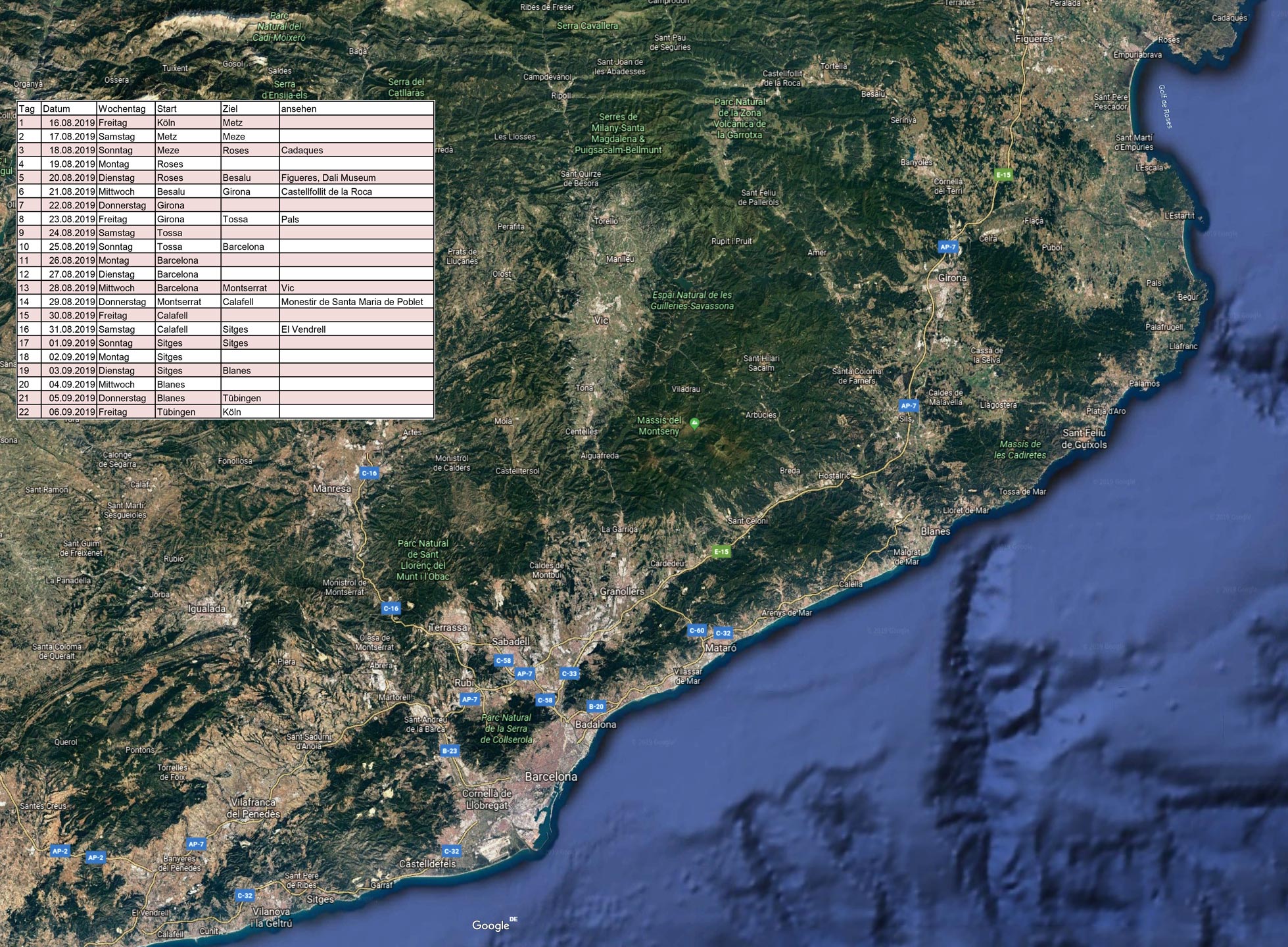 Reiseroute Katalonien